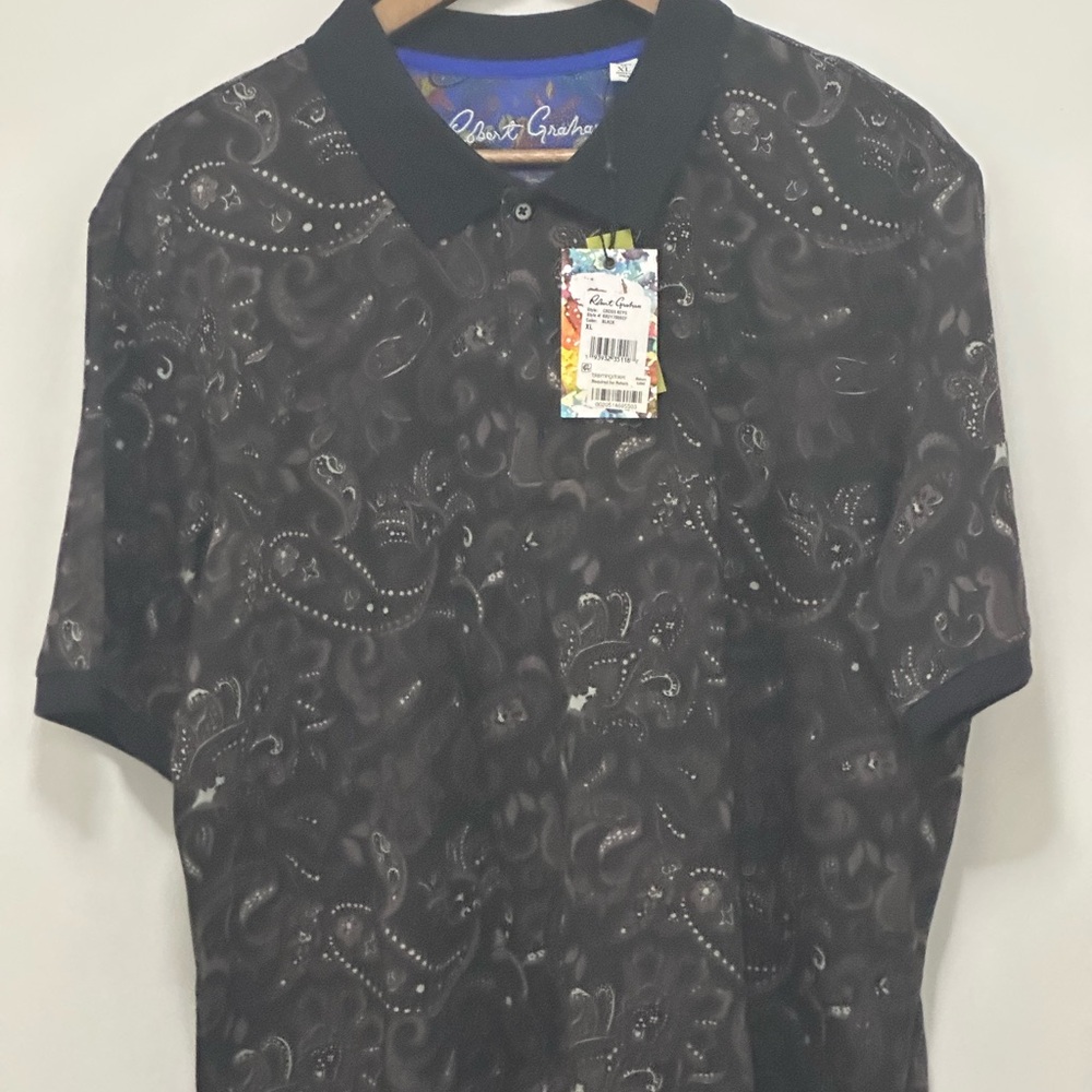 Robert Graham Black Paisley-Print Polo with Contrast Collar